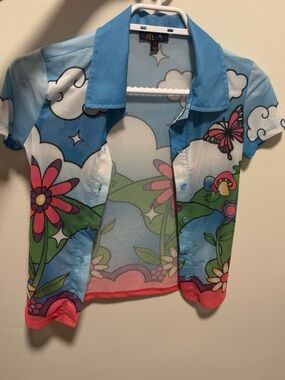 dELiA*s Blue Floral & Butterfly Sheer Button-Up Shirt